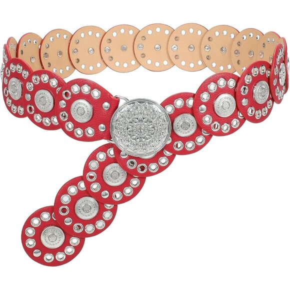 Women Vintage Disc Waist Concho Leather Belt Boho Waist Belt Red Silver Buckle main image 6